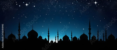 Silhouette Dome Mosques at dark night with light moon and star sky, panorama banner background for Islamic religions