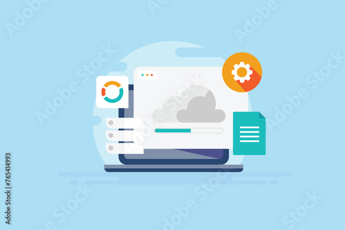 Cloud document storage and file sharing system, cloud computing technology vector illustration.