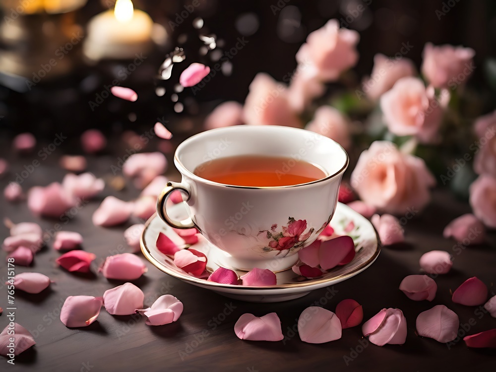 Fototapeta premium A tea cup with rose petals and smoke.