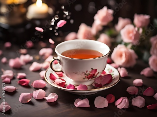 A tea cup with rose petals and smoke.