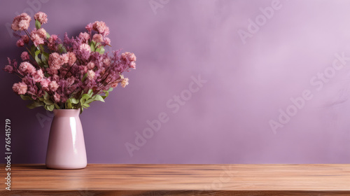 Wooden table with vase with bouquet of flowers near empty, blank purple wall. Home interior background with copy space Generative AI