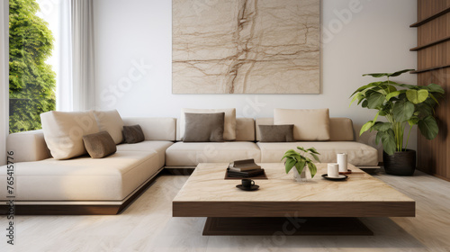 Marble square coffee table near beige corner sofa. Interior design of modern living room. Generative AI