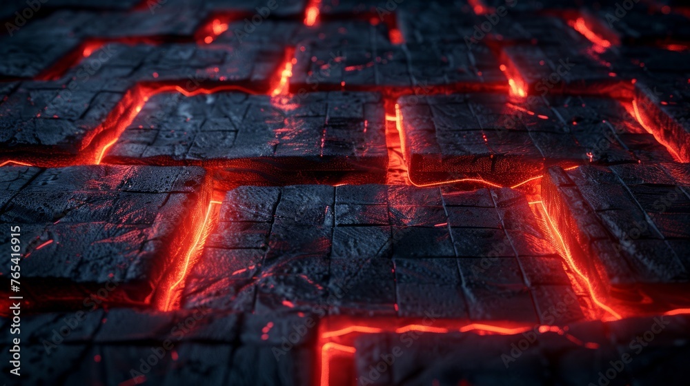 Red neon light illuminates cracked dark tiles Red neon light illuminates cracked dark tiles