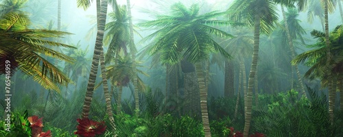Fototapeta Naklejka Na Ścianę i Meble -  Jungle, beautiful rainforest in the fog, palm trees in the haze, jungle in the morning in the fog, 3D rendering