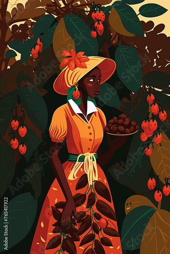 Women with basket pick coffee beans from the bush on plantation, image for cafe and packaging.	