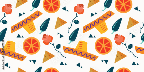 Seamless Cinco de Mayo vector pattern background with jalapeno, roses, sombrero and nachos