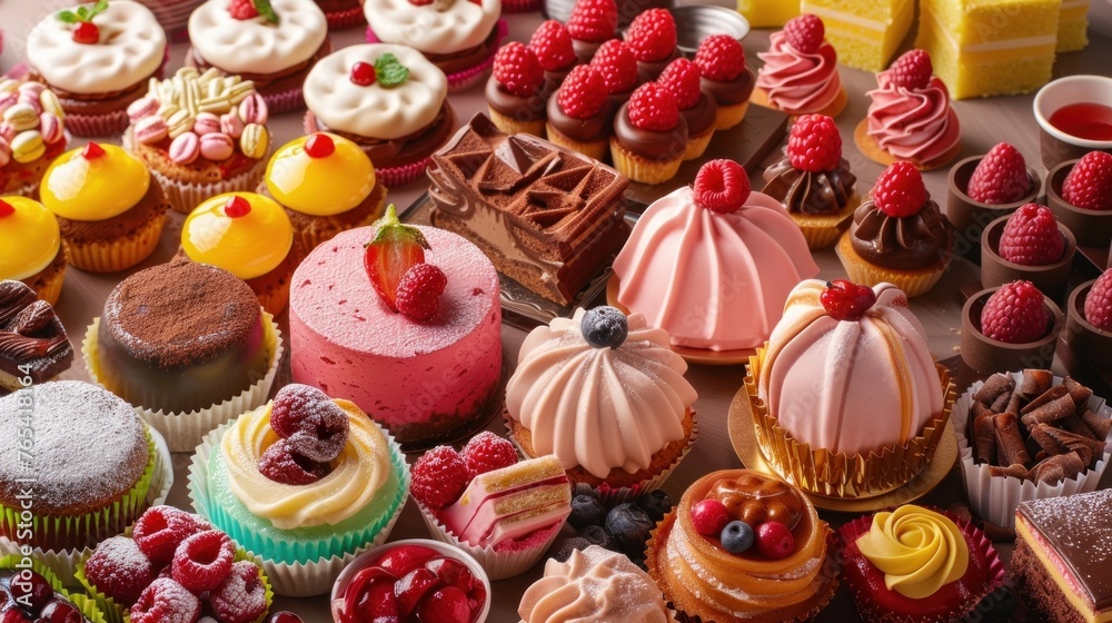 A vibrant mood collection featuring a variety of dessert cakes and sweets.