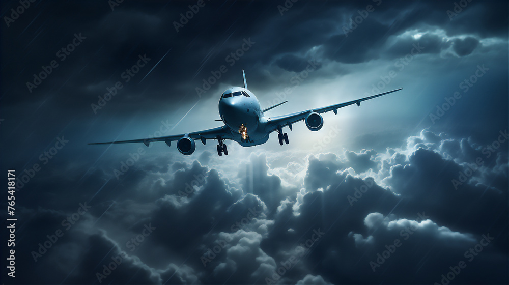 Airplane flying above the storm clouds at night Airplane flying above the storm clouds at night