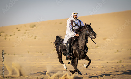 Arabian horseback archer riding his stallion and aiming at targets with his bow and arrow