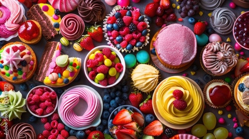 A vibrant mood collection featuring a variety of dessert cakes and sweets.