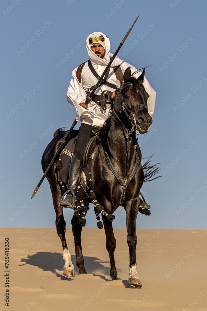 Fototapeta premium Arabian horseback archer riding his stallion and aiming at targets with his bow and arrow