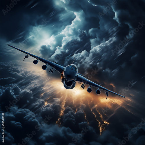 Airplane flying above the storm clouds at night