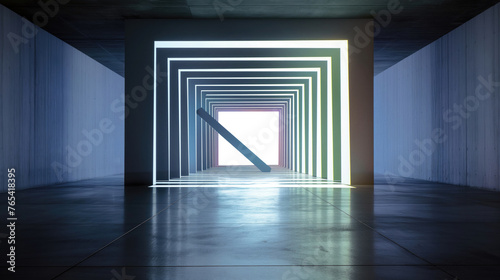 Rectangular pedestal. Presentation and advertising of products. Space with a wall. Dynamic linear silhouette. Glowing arches. Floor with reflections. Creative background on the theme of architecture.