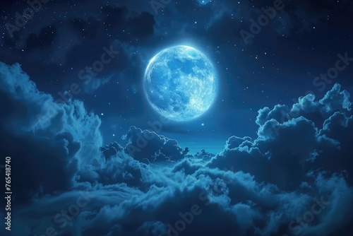 Dramatic Nighttime Clouds and Sky With Beautiful Full Blue Moon .