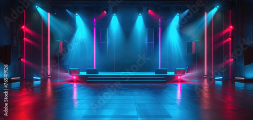 Modern and stylish stage interior with spotlight lighting reflected on glossy surfaces, futuristic design. Performances, concerts, events and celebrations. © Denflow