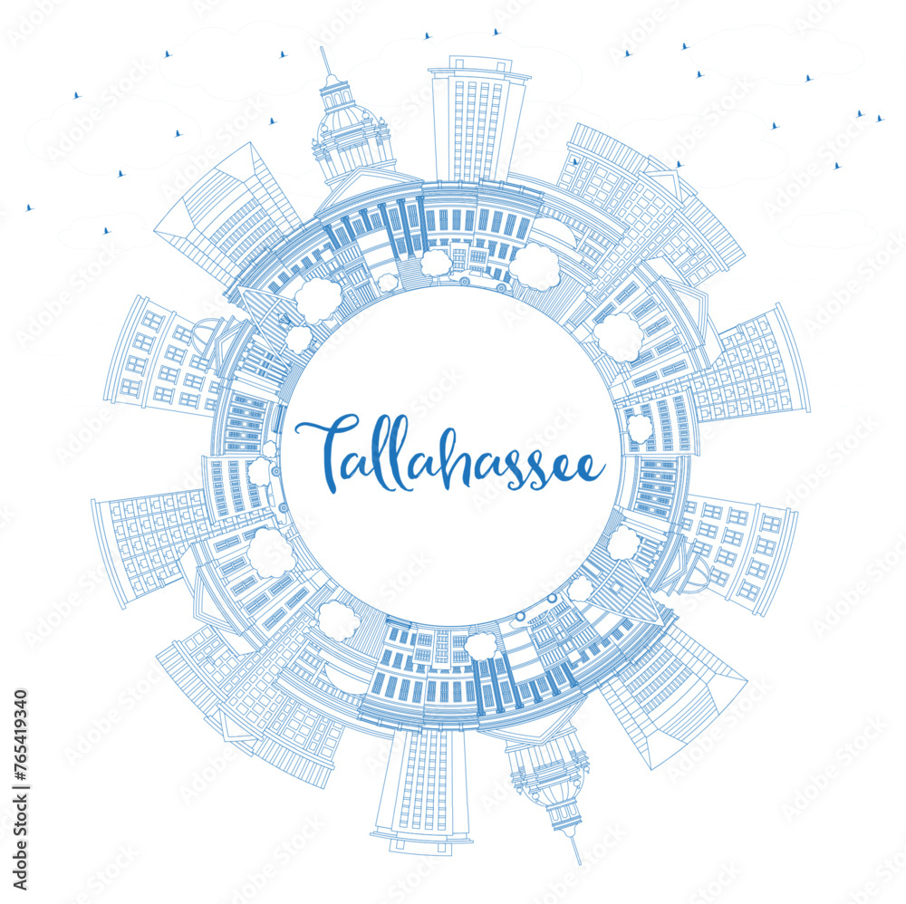 Outline Tallahassee Florida City Skyline with Blue Buildings and Copy Space. Tallahassee Cityscape with Landmarks. Business Travel and Tourism Concept with Modern Architecture.