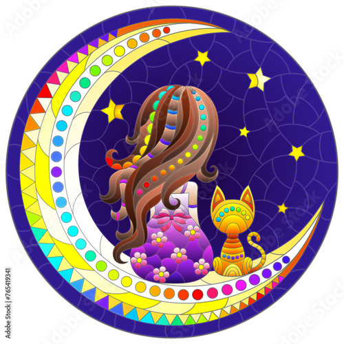 A stained glass illustration with a girl and a cat on the moon on a starry sky background, round image