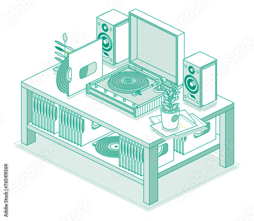 Isometric vinyl LP record player with disk. Table with recorder and two speakers. Stereo system. Objects isolated on white background. Table with a shelf on which vinyl discs lie.