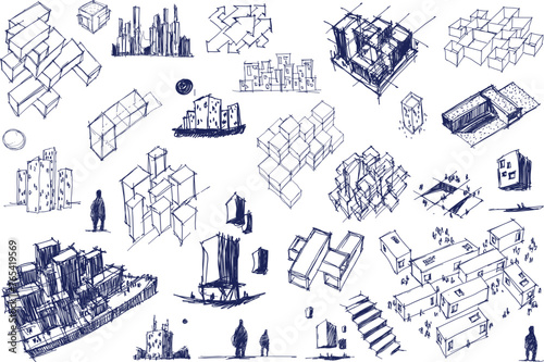 hand drawn architectural sketches of urban ideas and city structures and parts of the city and architecture and fantastic buildings  and people
