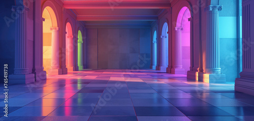 Attractive advertising background for presentation design, magazine covers, corporate identity, objects, products, people and company identities. Neon space with columns, rainbow colors.