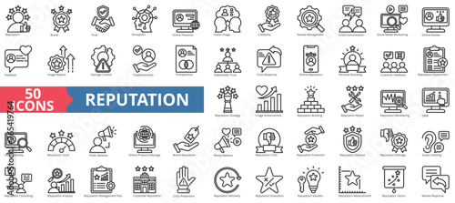 Reputation management icon collection set. Containing reputation, brand, trust, perception, online presence, public image, credibility icon. Simple line vector. photo