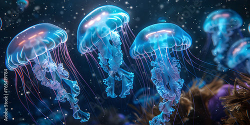   Softly glowing jellyfish floating serenely in deep ocean waters, A group of jellyfish gracefully gliding through the ocean waters. © Faiza