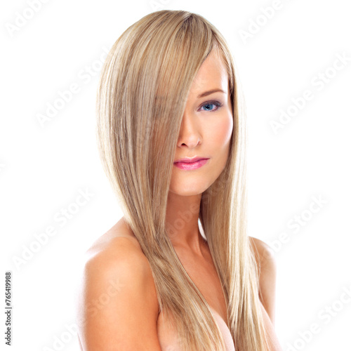 Beauty, naked and woman face with blonde hair in studio for wellness, shine or glowing skin on white background. Haircare, portrait and calm nude female model with shampoo, cosmetics or growth pride