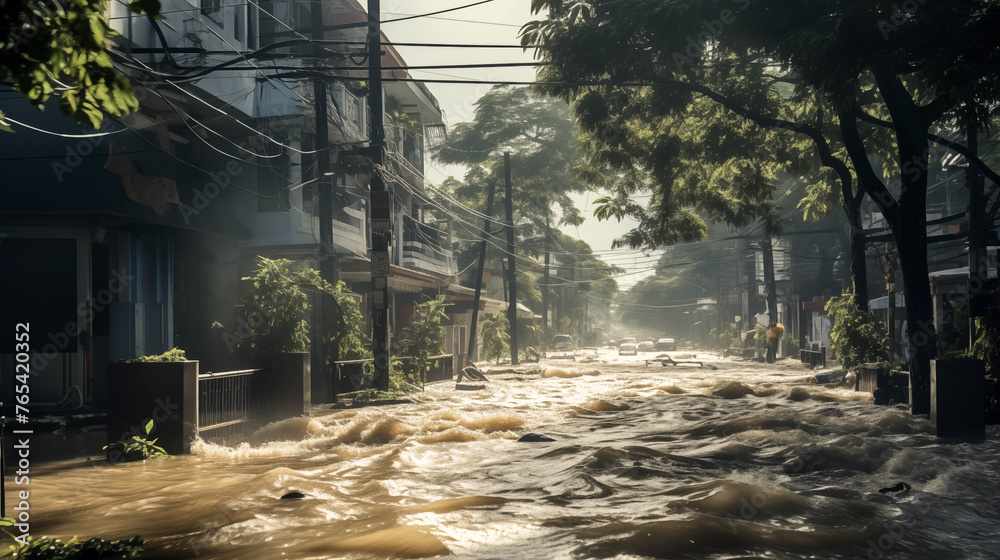 Urban flooding resulting from global warming, Impact of climate change induced rising waters submerging a city. Global warming, Climate change, Natural disaster, End of the world