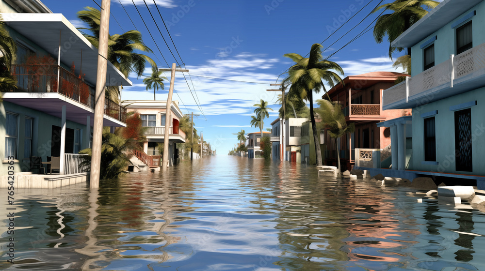 Urban flooding resulting from global warming, Impact of climate change induced rising waters submerging a city. Global warming, Climate change, Natural disaster, End of the world