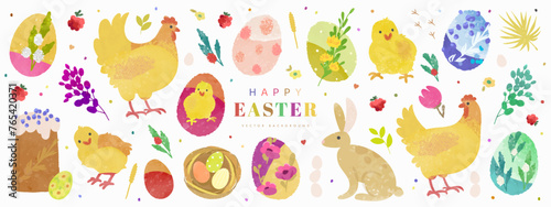 Set of hand drawn cartoon happy easter elements isolated on white background. Vector illustration of easter eggs, easter cake, chiken, hen, bunny, nest, flowers