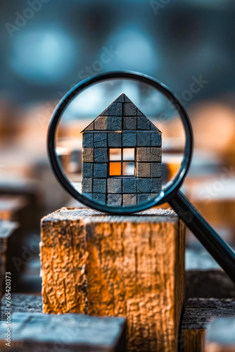 Magnifying glass shows house made of wooden blocks.