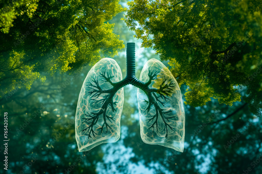 Green tree surrounds lung showing the bronchial tubes and branches in similar pattern to the airways of the human body. - obrazy, fototapety, plakaty 