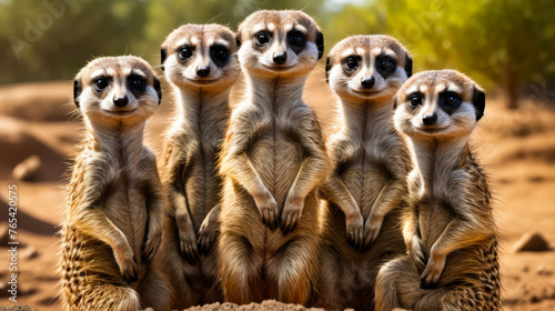 Group of six Meerkats standing in line looking at the camera.