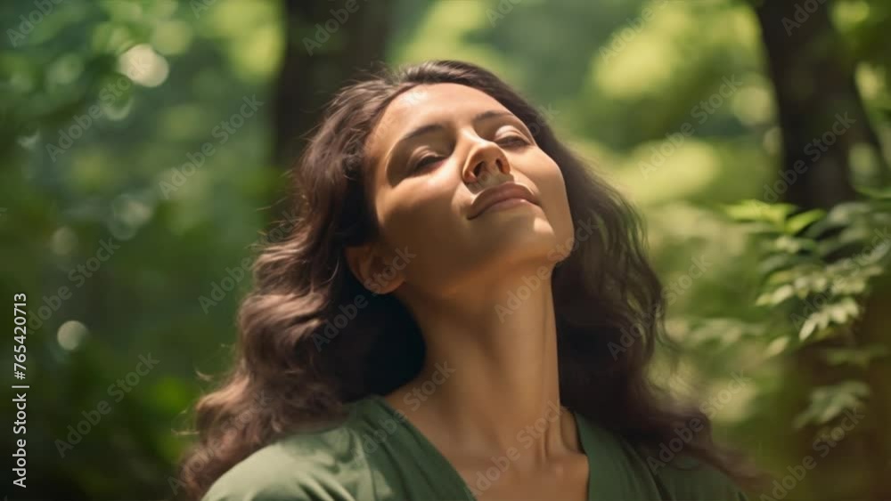 Young woman breathing pure air in a forest,Weather concept, woman and nature Young woman breathing pure air in a forest,Weather concept, woman and nature