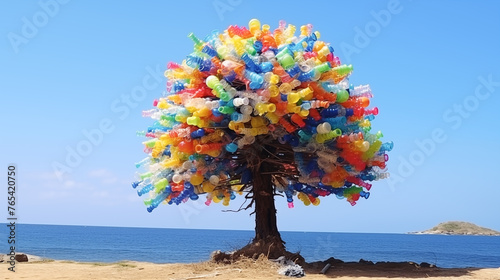 Tree made of plastic trash on the beach. Eco and environment problems awareness, Waste generated