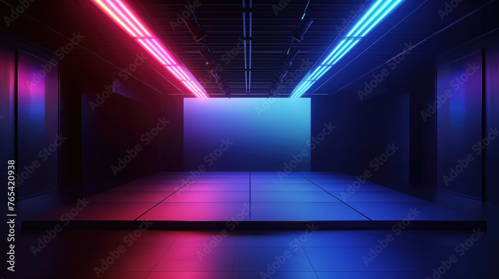 Modern sci-fi corridor background with glowing purple and blue neon lights and sleek metallic finish. Technologies and innovations. Futurism, space and interior.