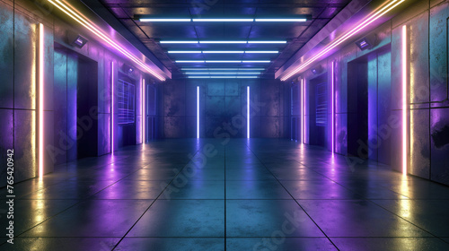 Modern sci-fi corridor background with glowing purple and blue neon lights and sleek metallic finish. Technologies and innovations. Futurism, space and interior.