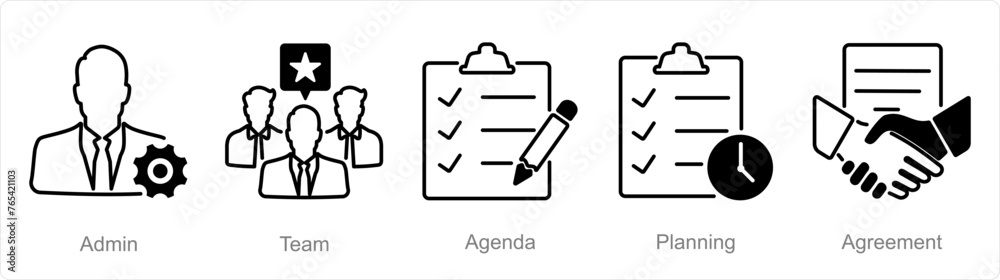 A set of 5 Meeting icons as admin, team, agenda A set of 5 Meeting icons as admin, team, agenda