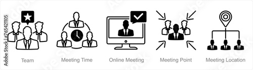 A set of 5 Meeting icons as team, meeting time, online meeting