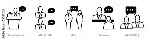 A set of 5 Meeting icons as conference, group talk, meet