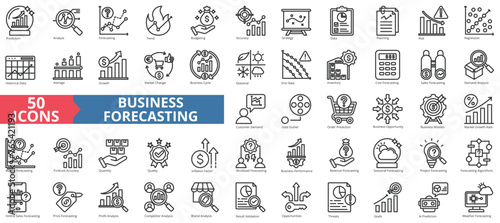 Business forecasting icon collection set. Containing prediction, analyze, data, trend, budgeting, accuracy, strategy icon. Simple line vector. photo
