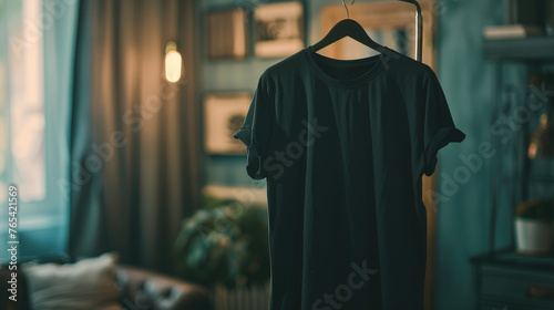 A black T-shirt on a hanger.