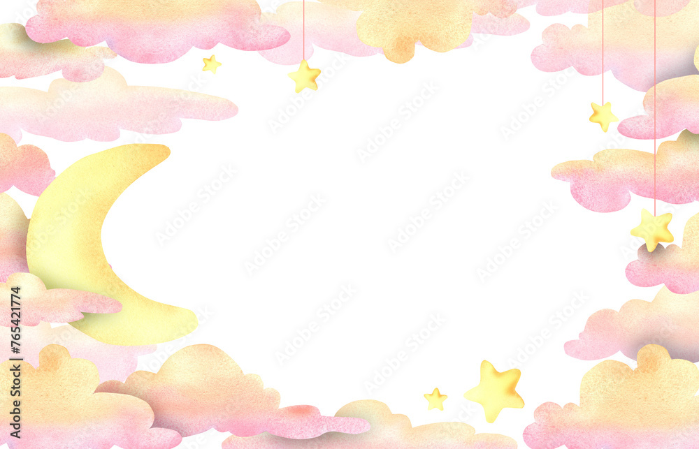 Watercolor horizontal frame with hand-painted pink clouds, stars and the moon. Children's illustration. For metrics, postcard, packaging, clipart.