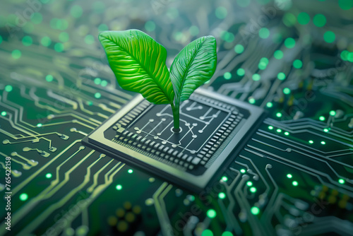 A vibrant green plant emerges from the intricate pathways of a circuit board. The concept of Green IT and environmentally sustainable practices within the realm of technology. Generative AI.