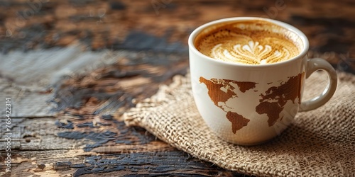 A Coffee Cup with a World Map Design,Showcasing the Global Flavors and Time Zones of Taste
