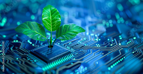 A vibrant green plant emerges from the intricate pathways of a circuit board. The concept of Green IT and environmentally sustainable practices within the realm of technology. Generative AI.