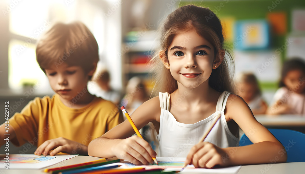 Children in a school classroom drawing, ideal for a blog or article on education