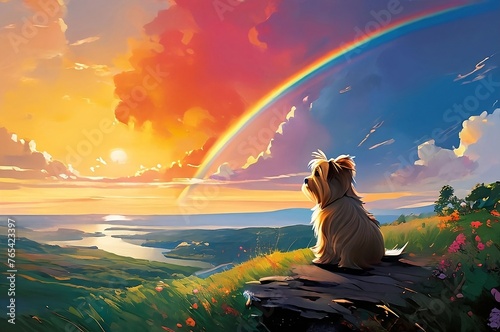 Dog waiting at the rainbow bridge photo