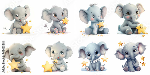 set of cute elephant with stars, illustration, generated ai © weissdesign
