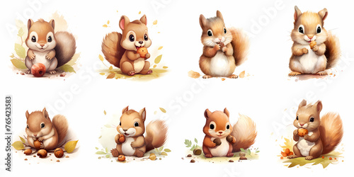 set of cute squirrel with hazelnut, illustration, generated ai © weissdesign